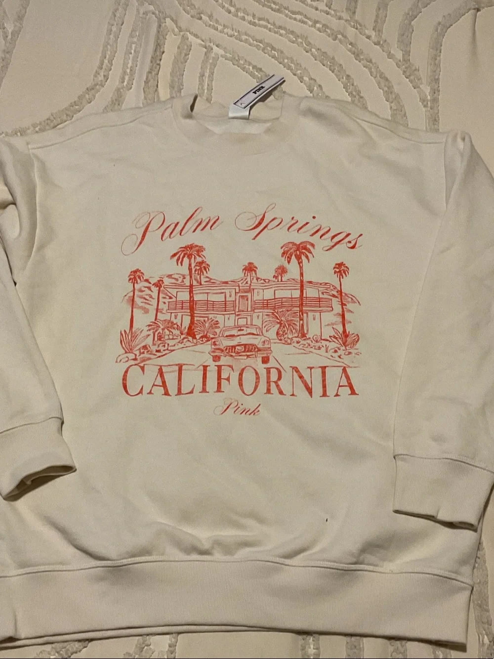 PINK Victoria's Secret Cream Crewneck with Pink Palm Springs Graphic